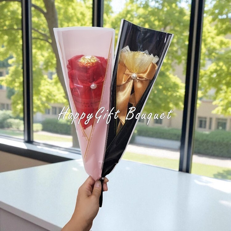 粉色黑色單支金莎花束,單束金莎花束,一枝金莎花,1支金莎花,Single Ferrero Rocher bouquet with pink or black packaging