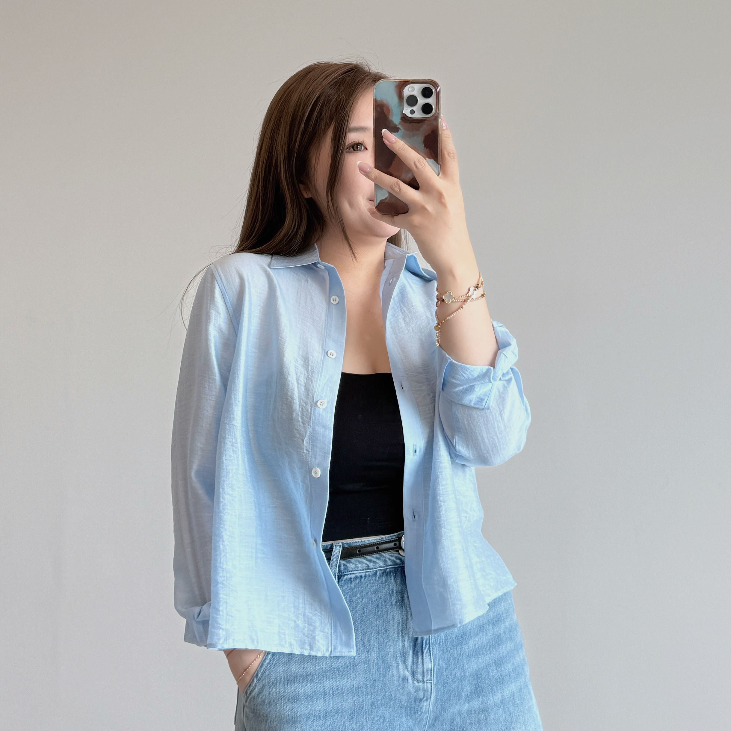 現貨 7238 淺藍透膚薄紗襯衫