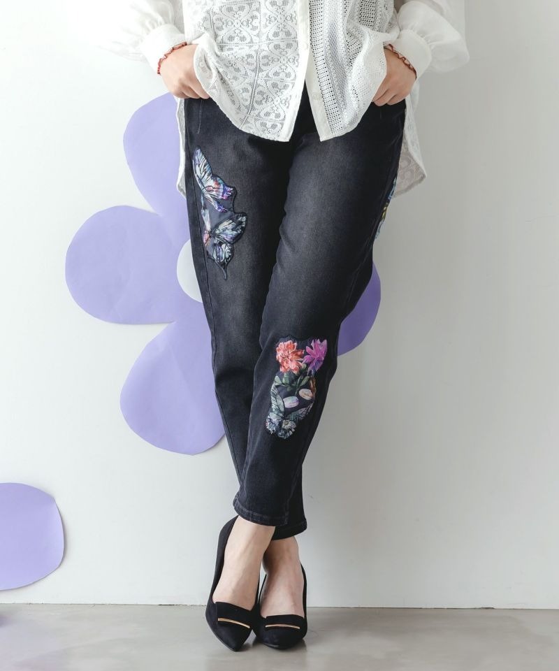 Scolar Butterfly Japanese flowers denim pants