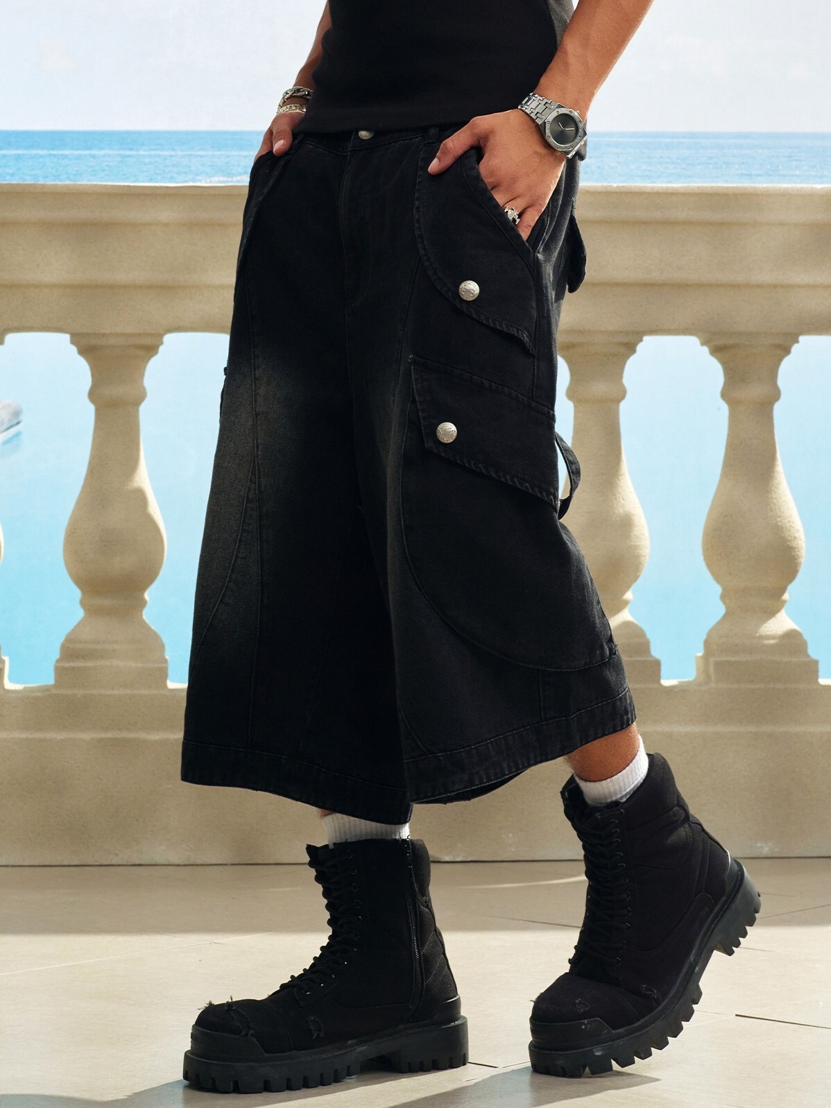 STK SmallTownKid 工裝牛仔 LOGO鈕扣 七分短褲