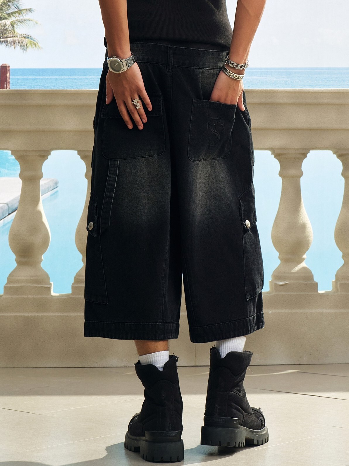 STK SmallTownKid 工裝牛仔 LOGO鈕扣 七分短褲