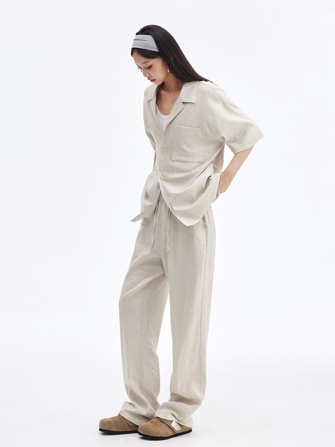 MEDM 亞麻套裝 日系闊腿 抽繩 休閒長褲