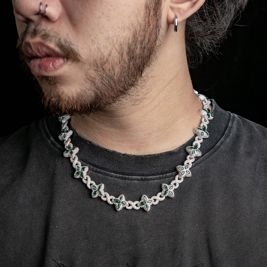 滿鑲無限記號幸運草項鍊 - 深綠色鋯石