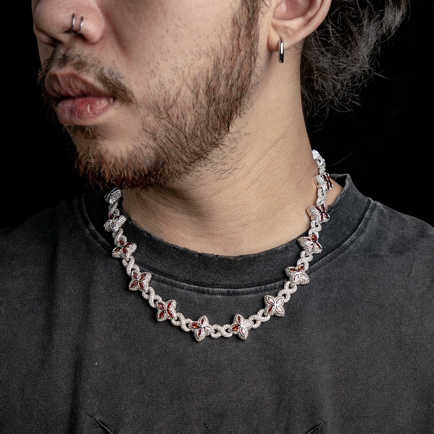 滿鑲無限記號幸運草項鍊 - 石榴紅鋯石