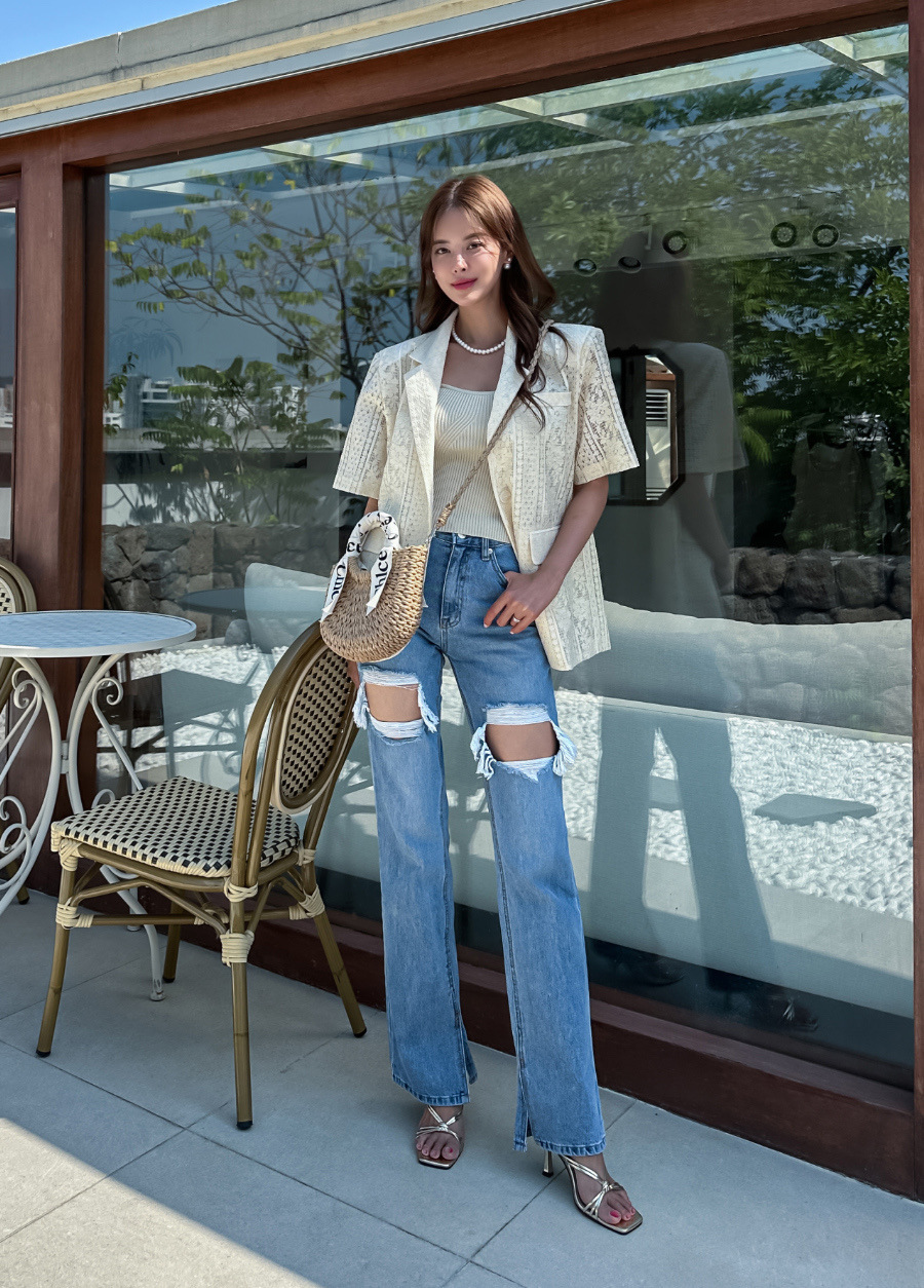 東大門高貨 蕾絲短袖西裝外套 (黑/白)