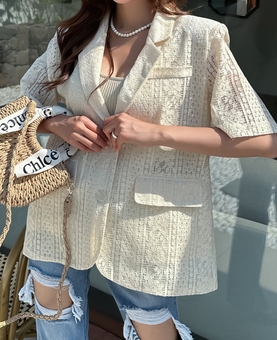 東大門高貨 蕾絲短袖西裝外套 (黑/白)