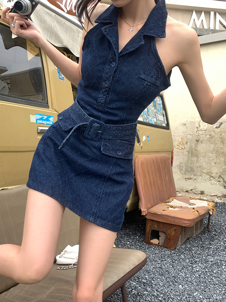 翻領繞脖 俏麗牛仔洋裝