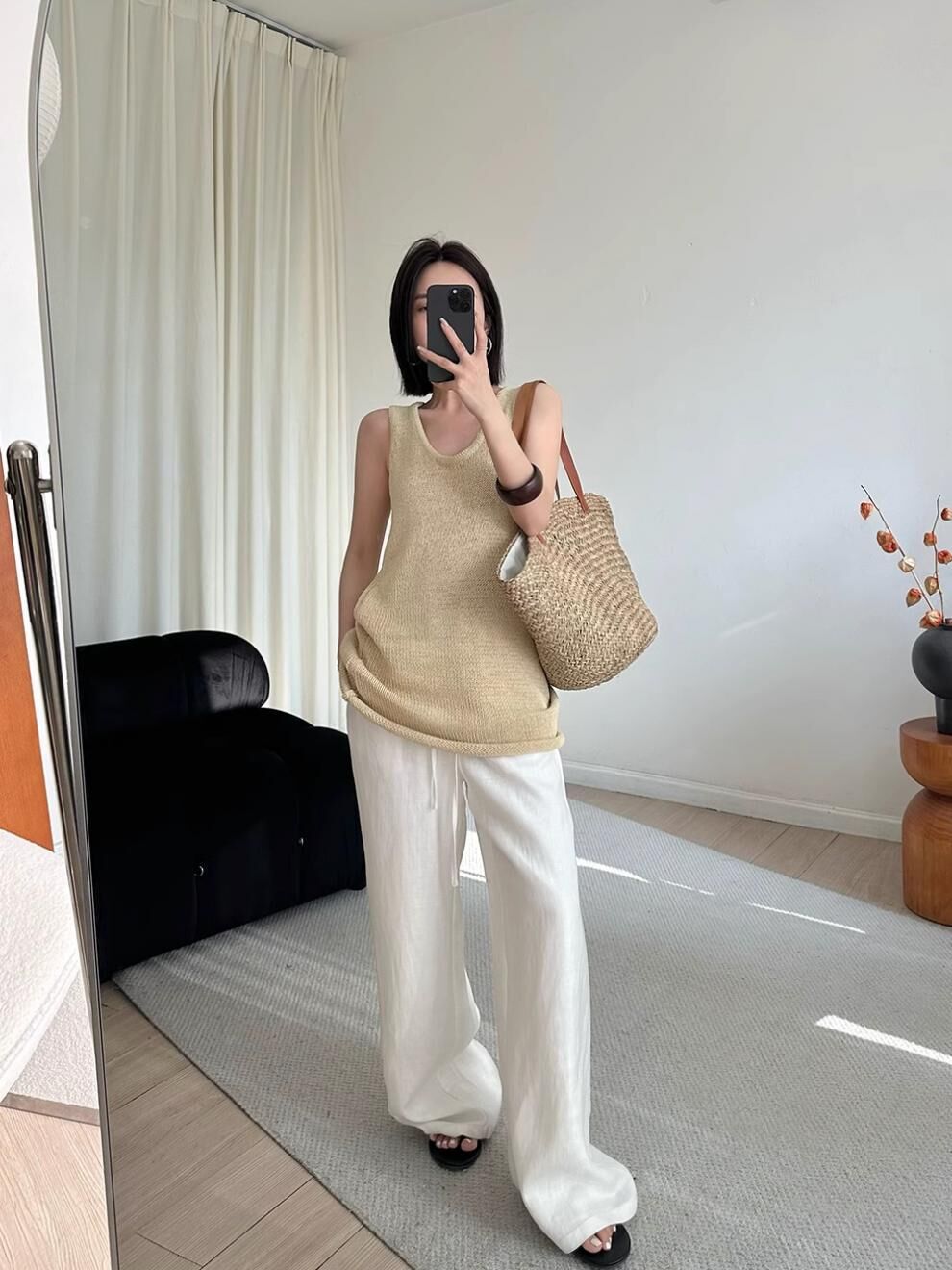天絲亞麻 鬆緊高腰闊腿褲