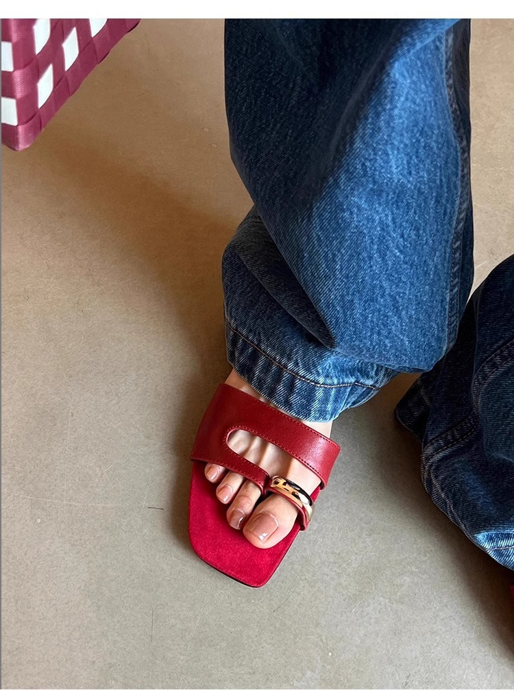 金屬釦 羊皮分趾拖鞋(35-40)(紅/白/銀/黑)