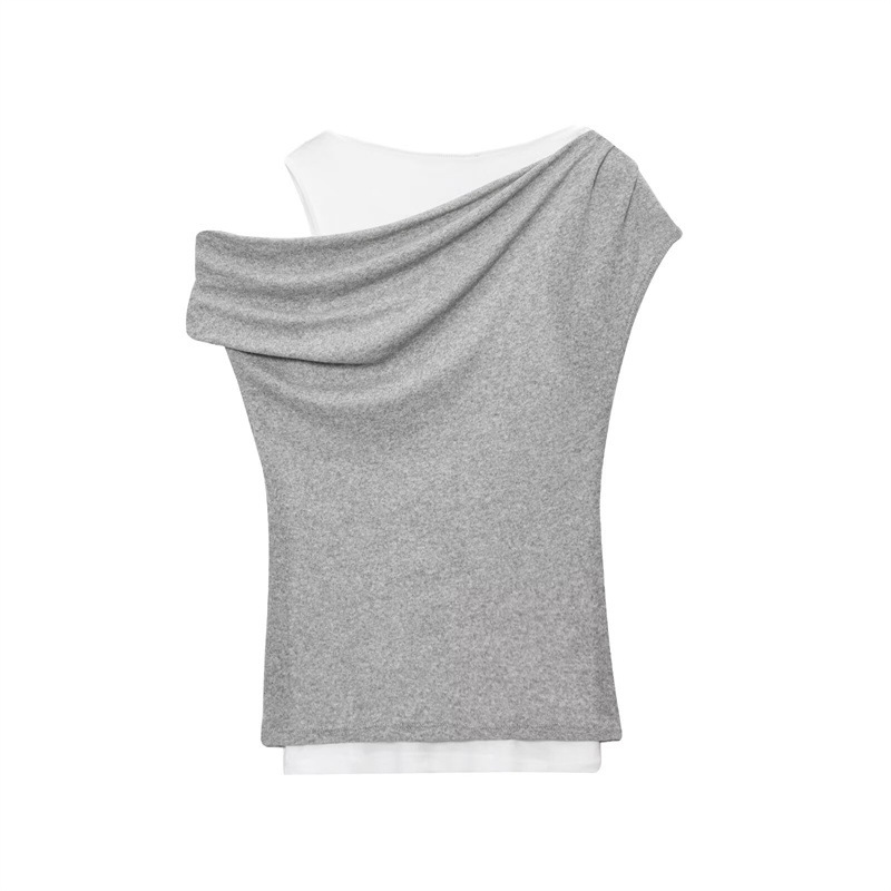 不對稱皺褶拼接 假2件T SHIRT(灰/杏)