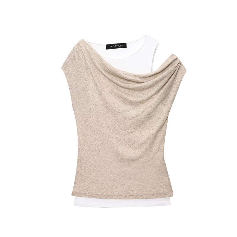 不對稱皺褶拼接 假2件T SHIRT(灰/杏)