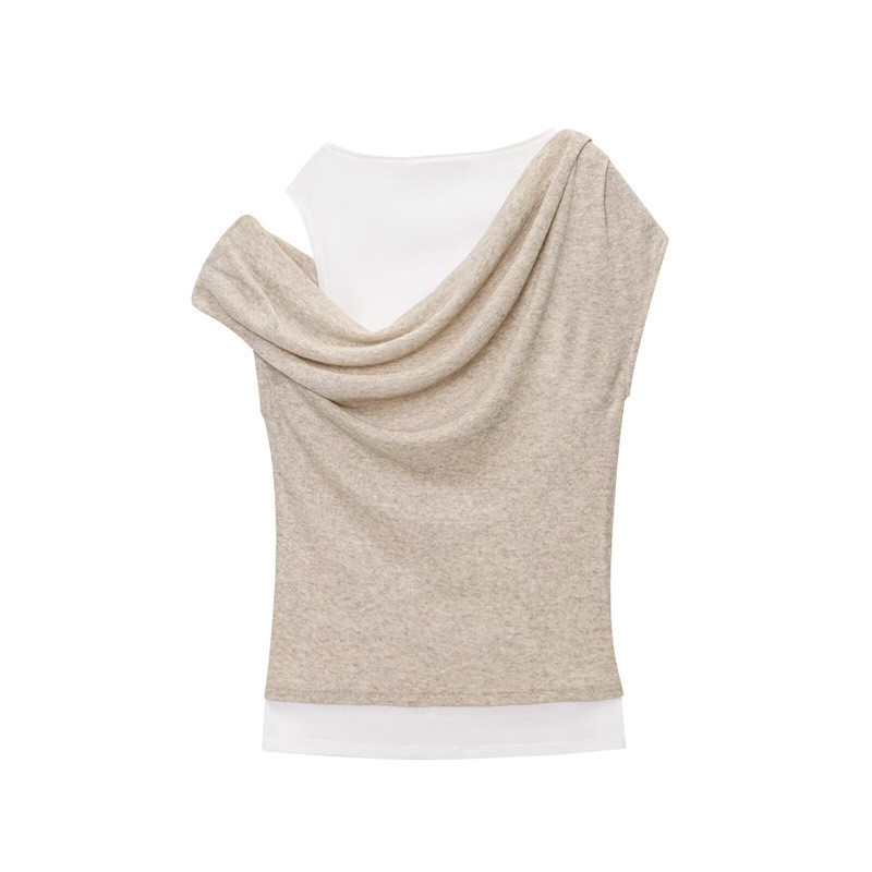 不對稱皺褶拼接 假2件T SHIRT(灰/杏)