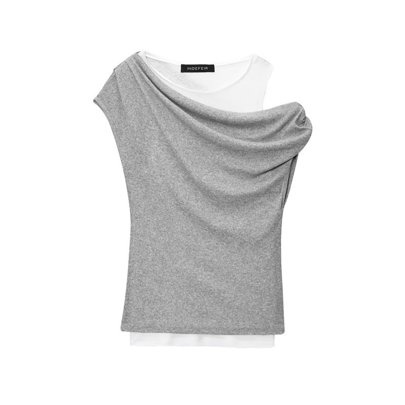 不對稱皺褶拼接 假2件T SHIRT(灰/杏)