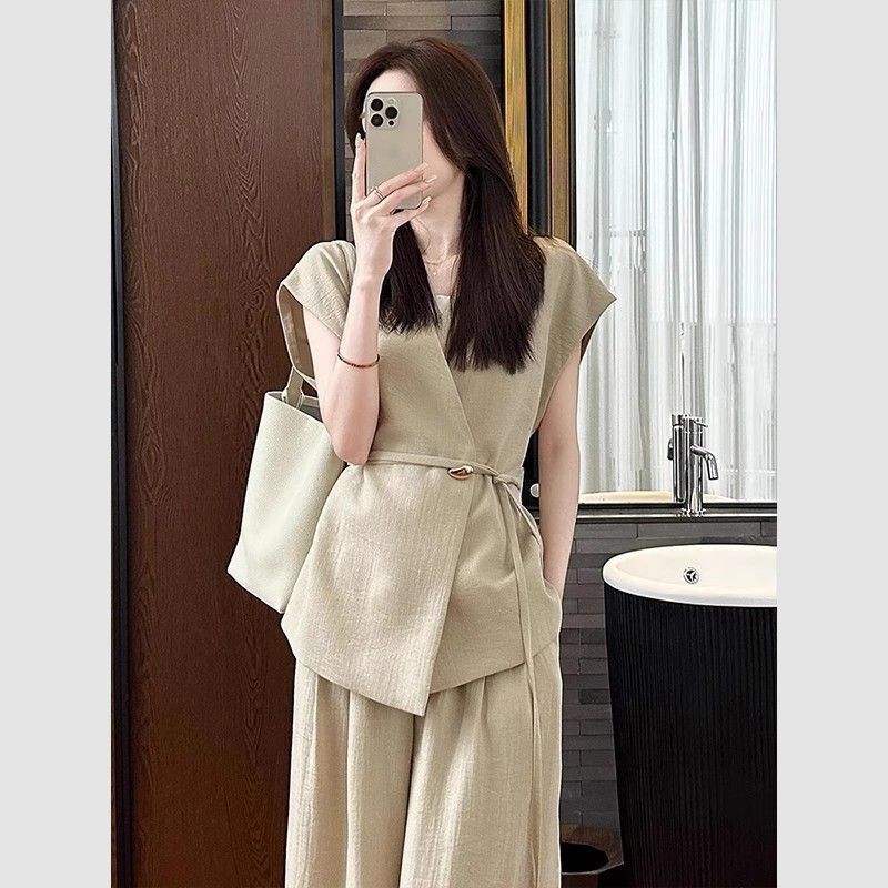 簡約幹練套裝 無袖綁腰上衣+高腰長褲(2件組)