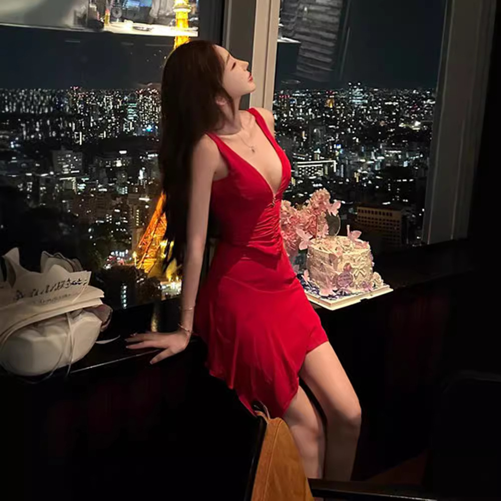 熟女性感 V領雪紡不規則小洋裝