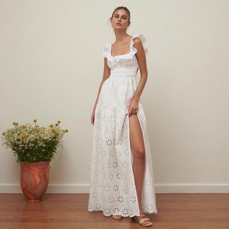 刺繡簍空 方領荷葉邊露背長洋裝