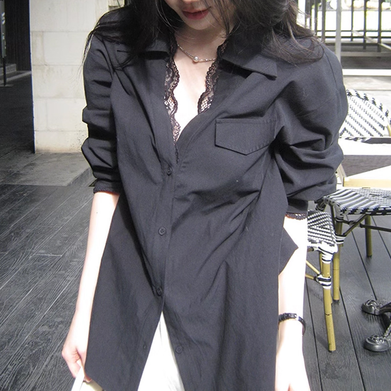 蕾絲V領 寬鬆綁腰長版襯衫