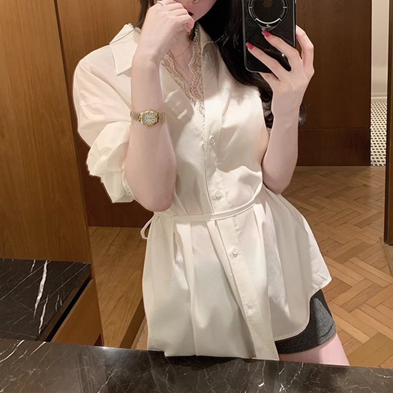 蕾絲V領 寬鬆綁腰長版襯衫