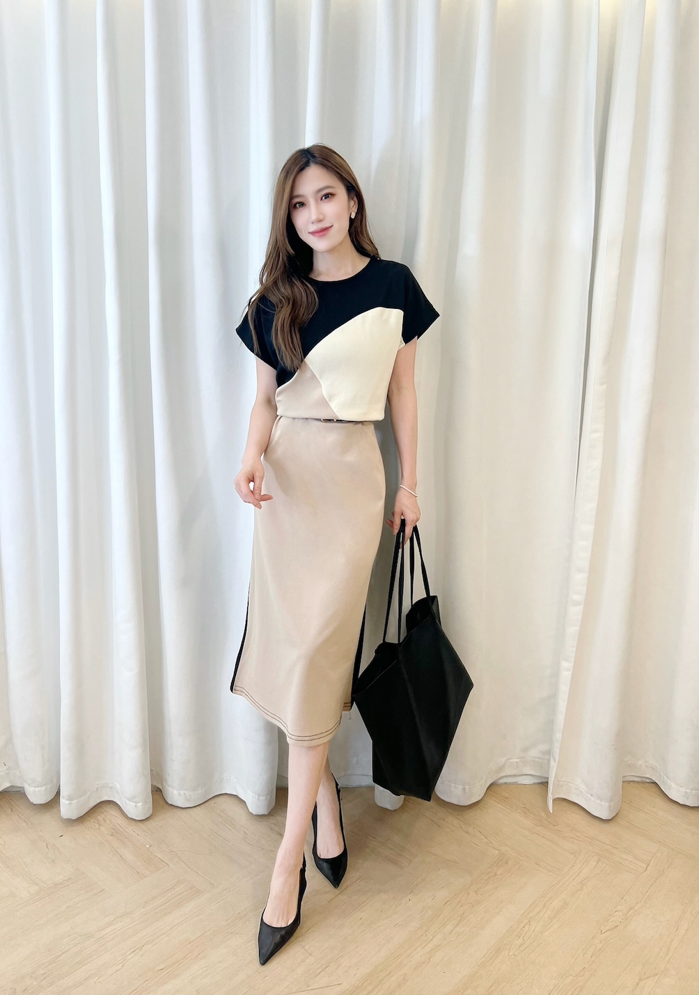 棉料短袖色塊長洋