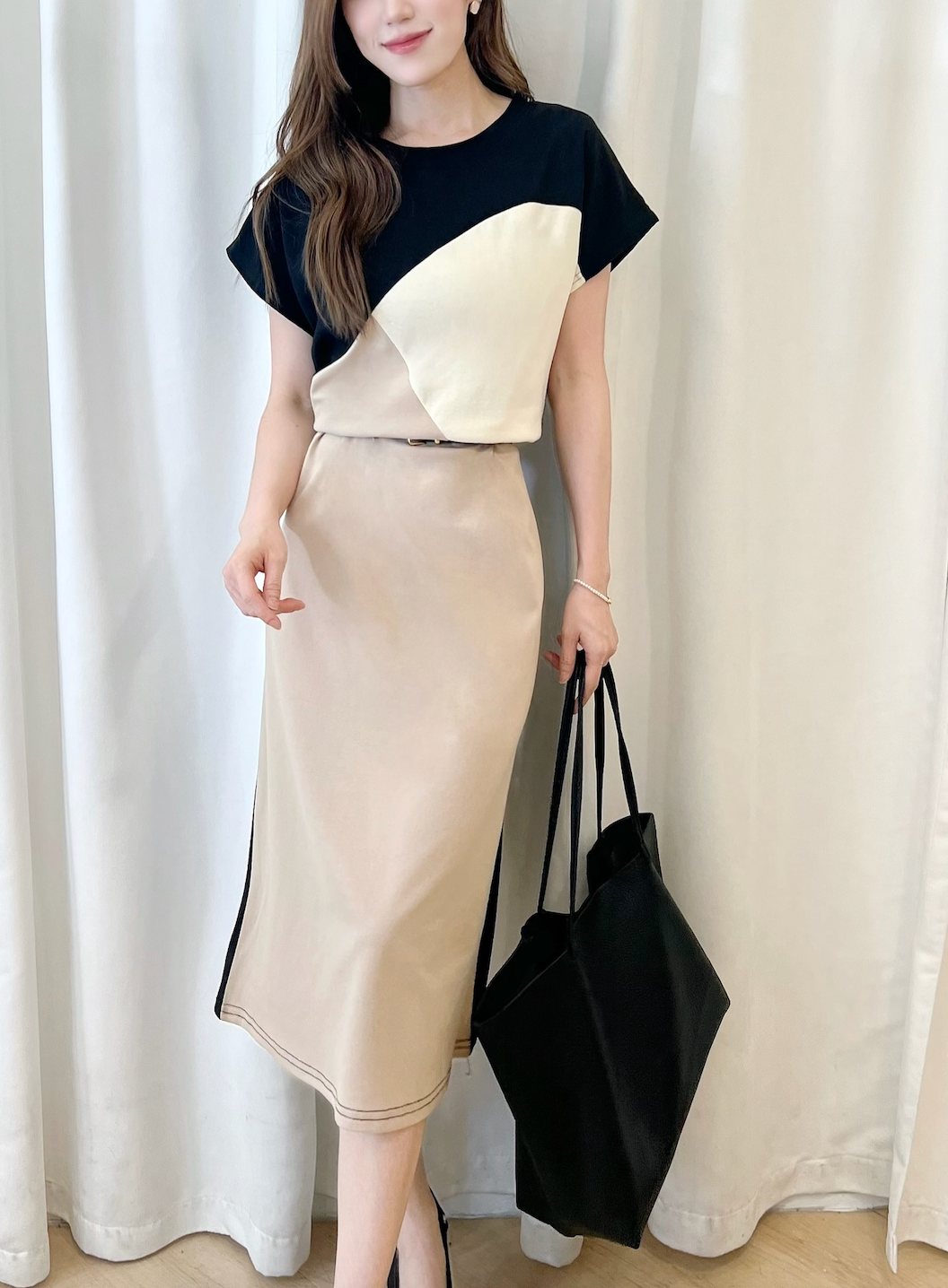 棉料短袖色塊長洋