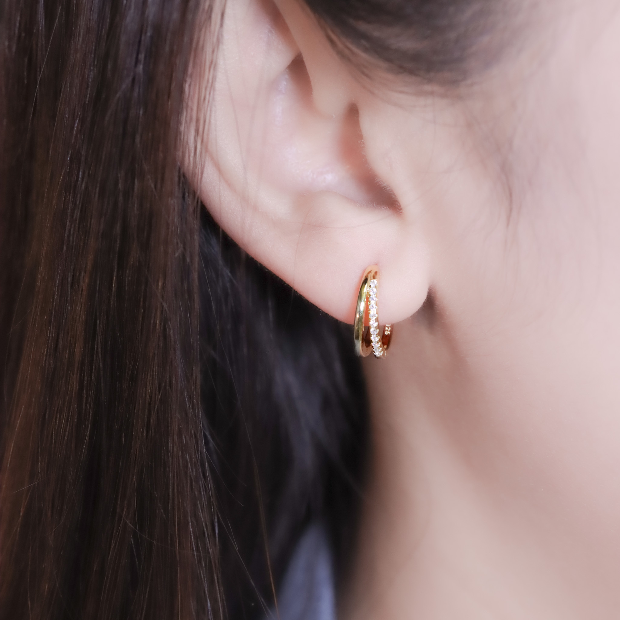 | 925純銀・厚鍍14k白金・厚鍍14k金・莫桑石 | 鑽光二重奏耳環（銀/金） | EA1013 |