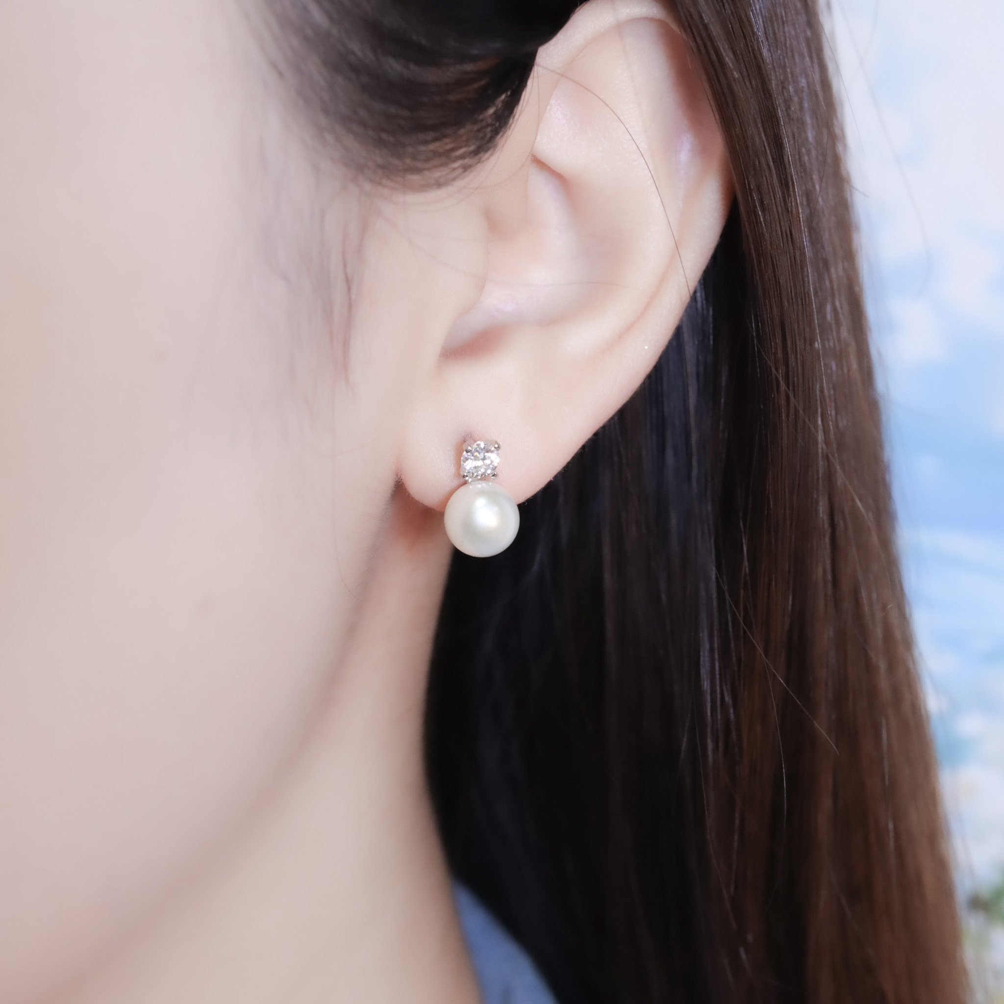 | 925純銀・厚鍍白金・莫桑石・珍珠 | 珍貴一心一意耳環 | EA0999 |