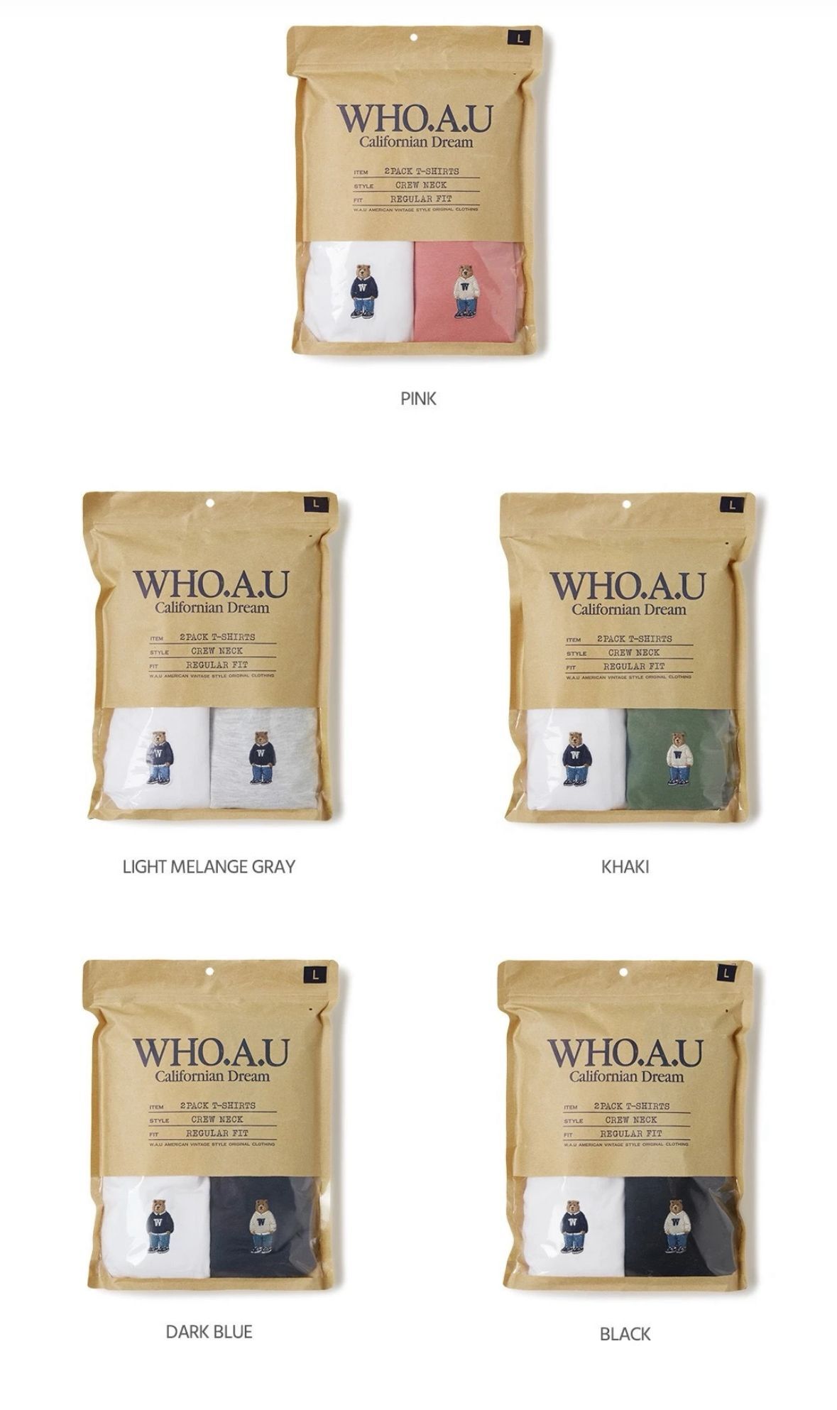 【預購】WHO.A.U G071429 小熊全身logo男女同款短袖2件裝