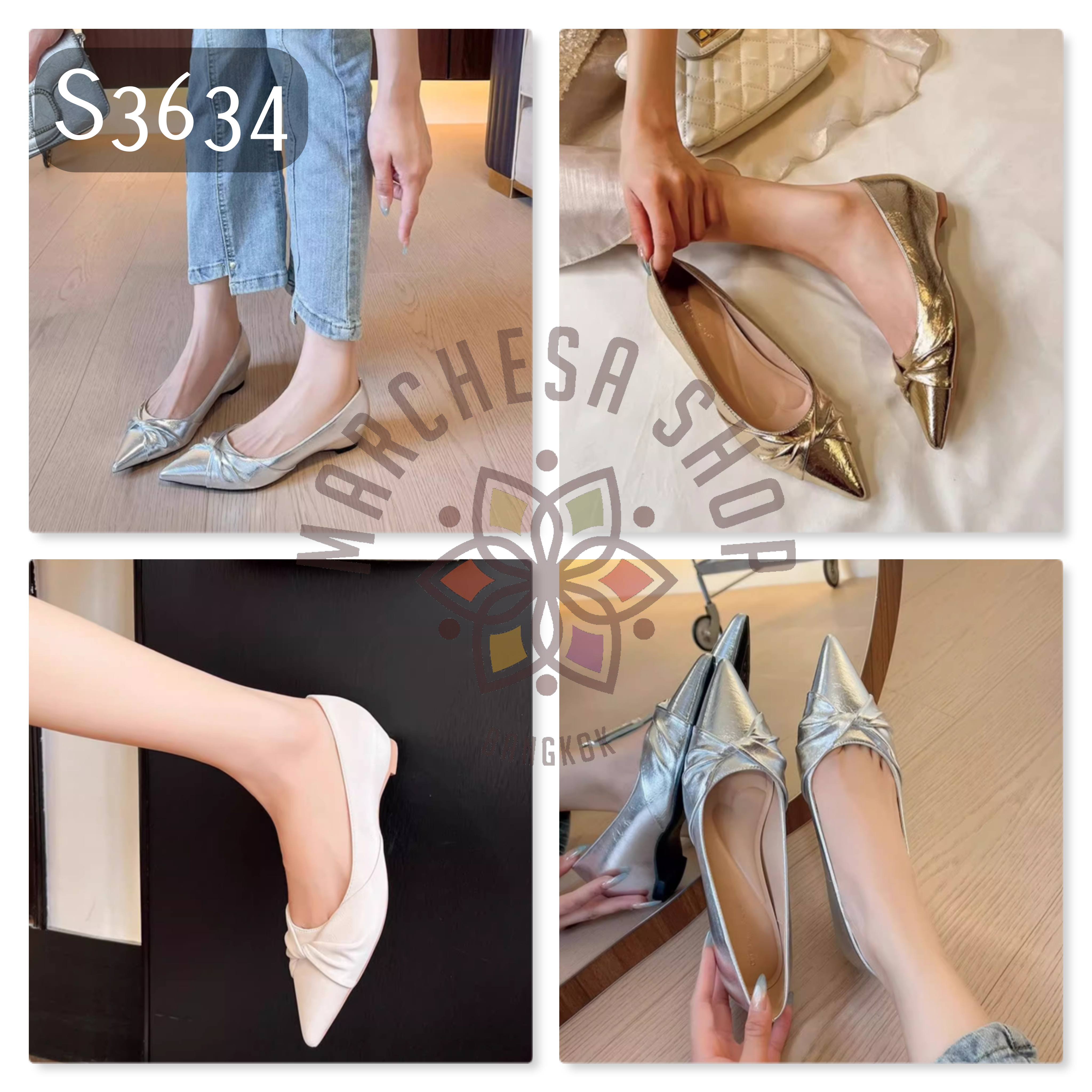 S3634 - 牛皮交叉扭結尖頭小船踭低踭鞋