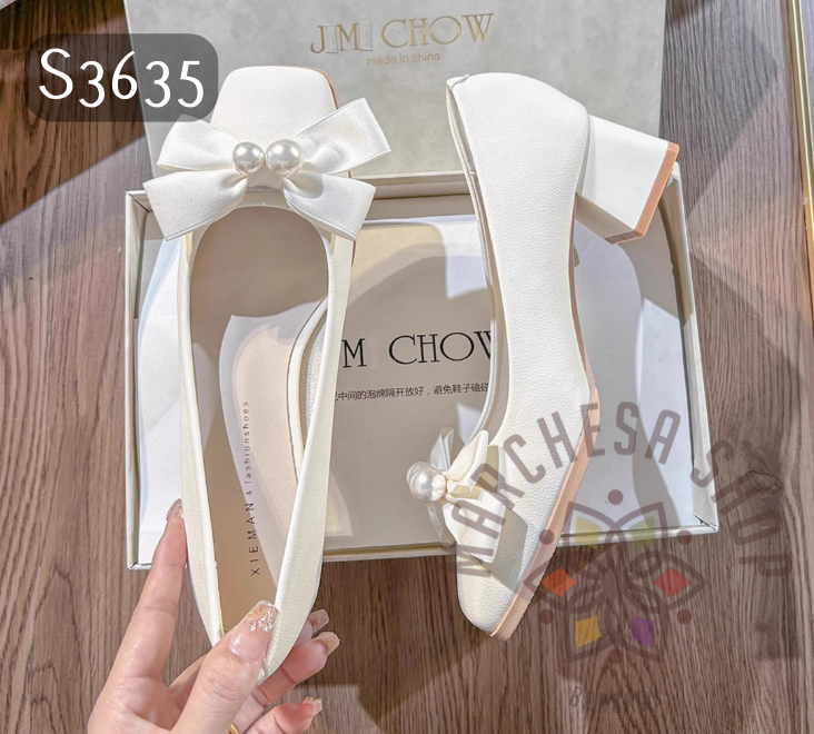 S3635 - 牛皮蝴蝶結珍珠方頭高踭鞋