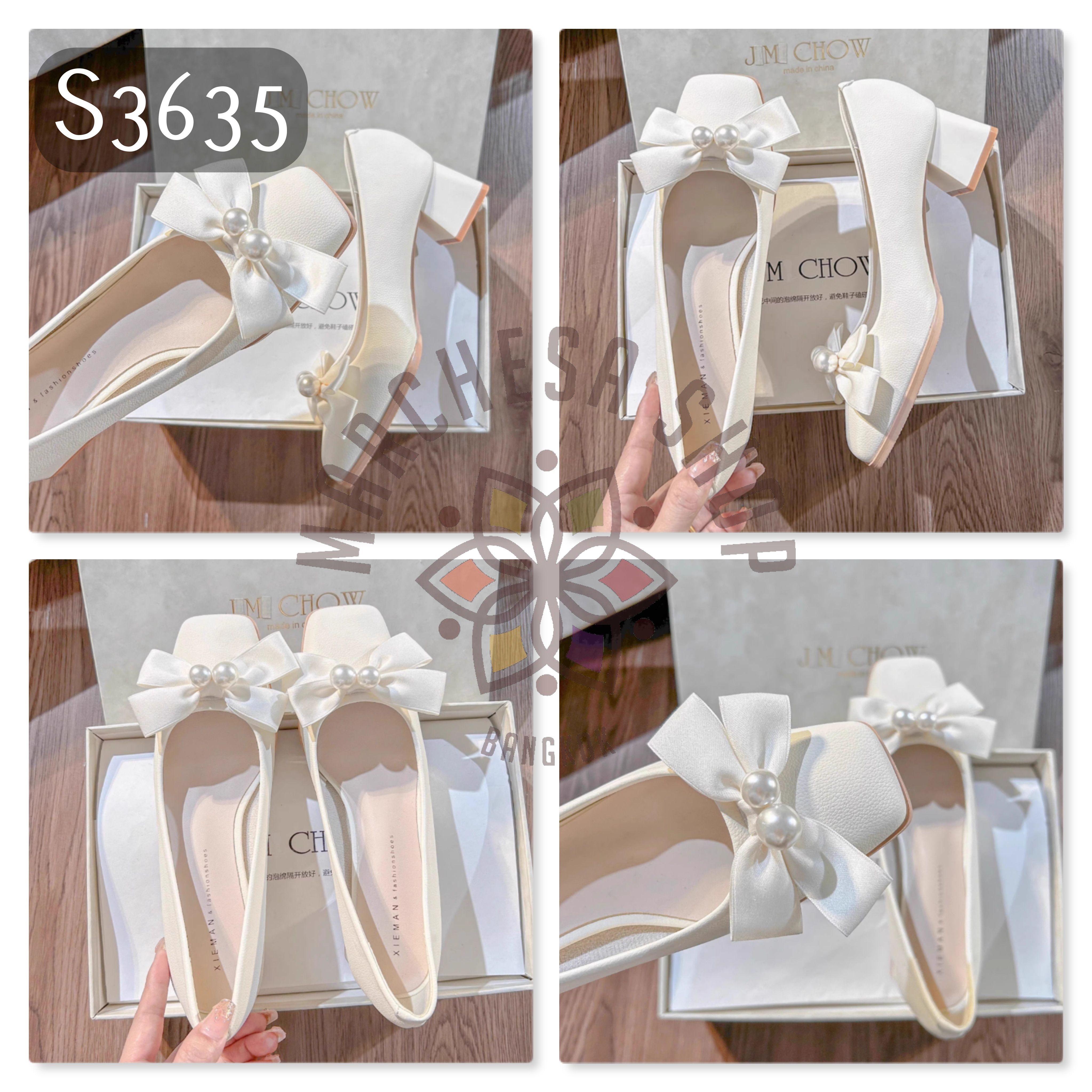 S3635 - 牛皮蝴蝶結珍珠方頭高踭鞋