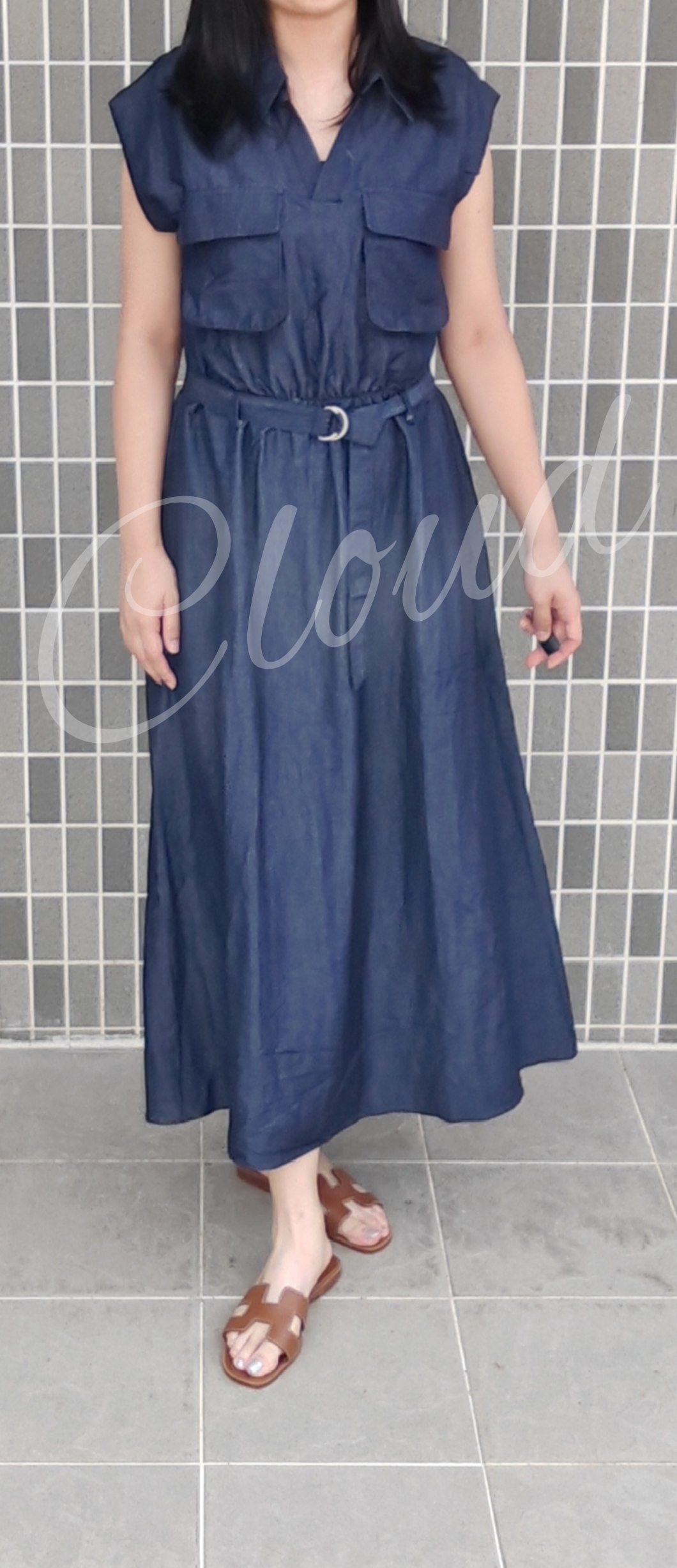 有領深藍連身裙（連腰帶）