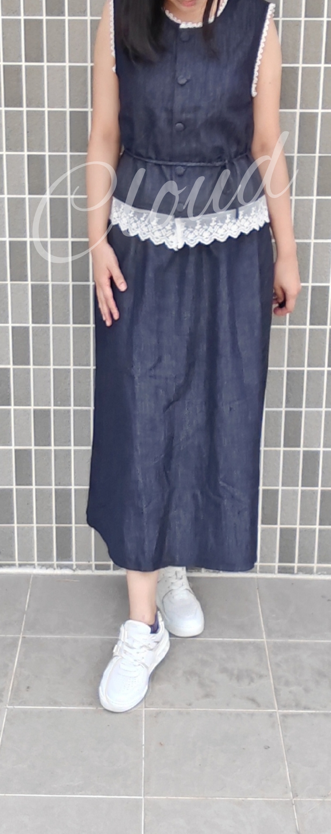 深藍牛仔背心lace兩件套裝