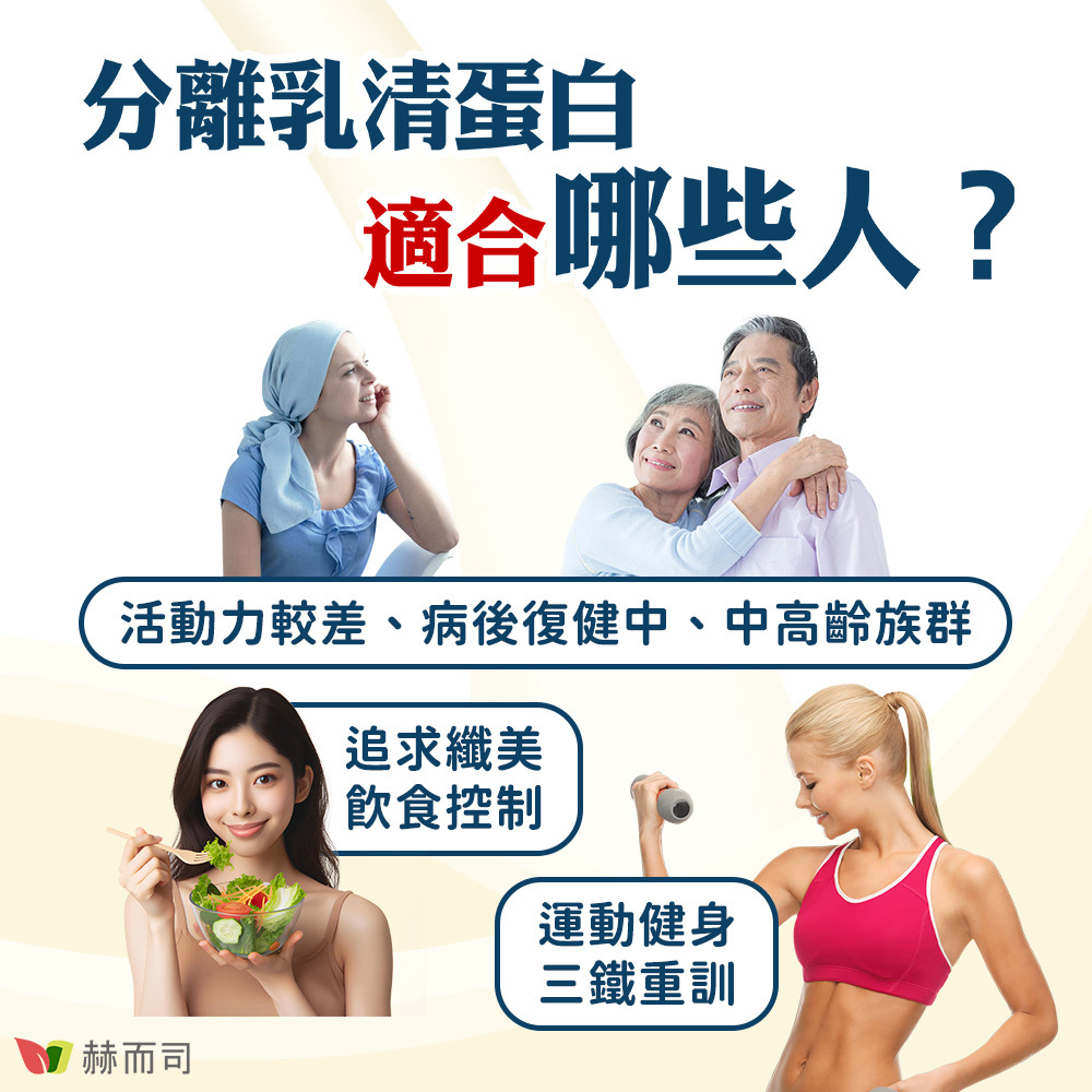 分離乳清蛋白推薦 赫而司紐西蘭即溶原味分離乳清蛋白(WPI)+維生素D3適合哪些人？適合活動力較差、病後復健中、中高齡族群，以及追求纖美的飲食控制者，與進行三鐵重訓、運動健身者