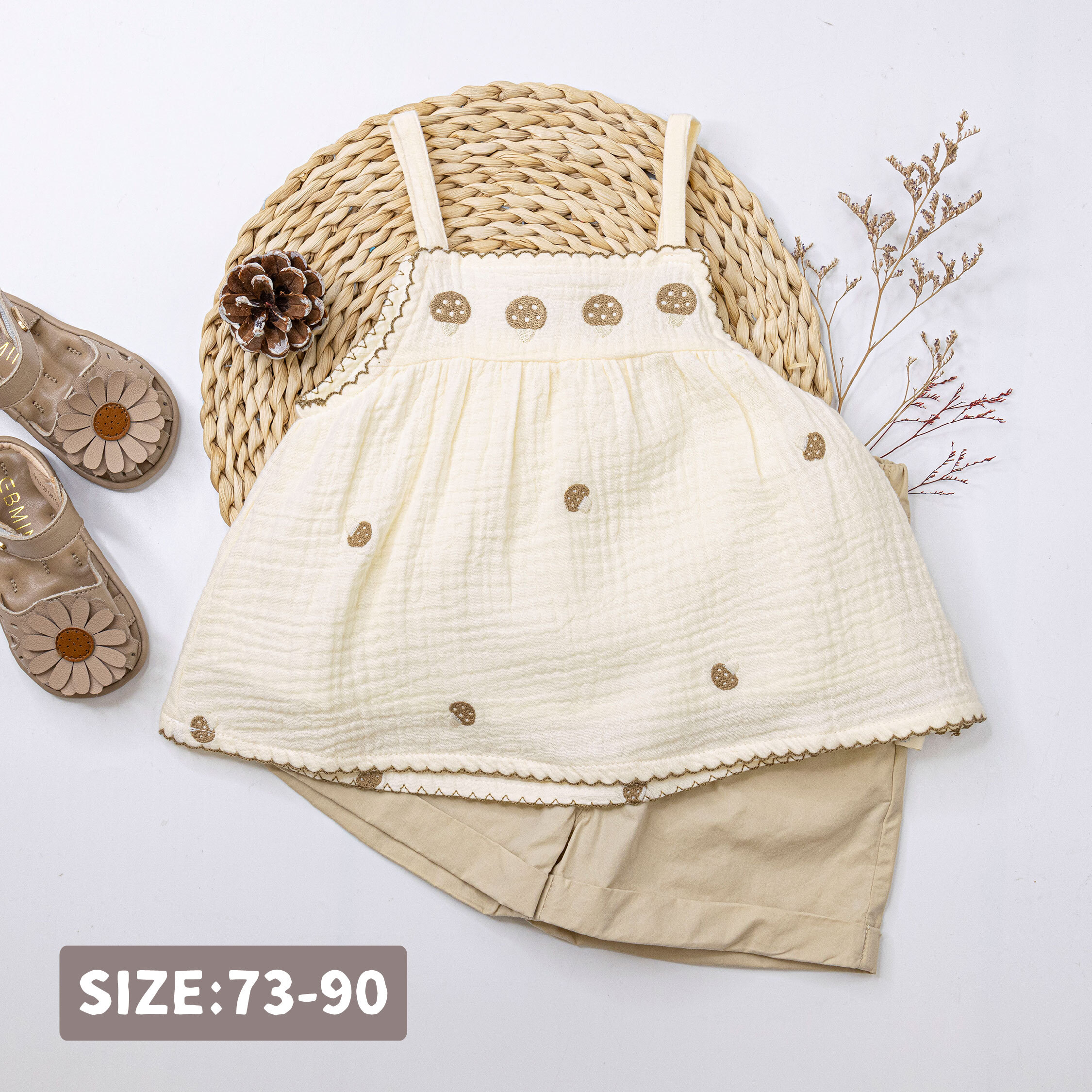 刺繡蘑菇花邊細肩帶上衣/背心 (H50693)