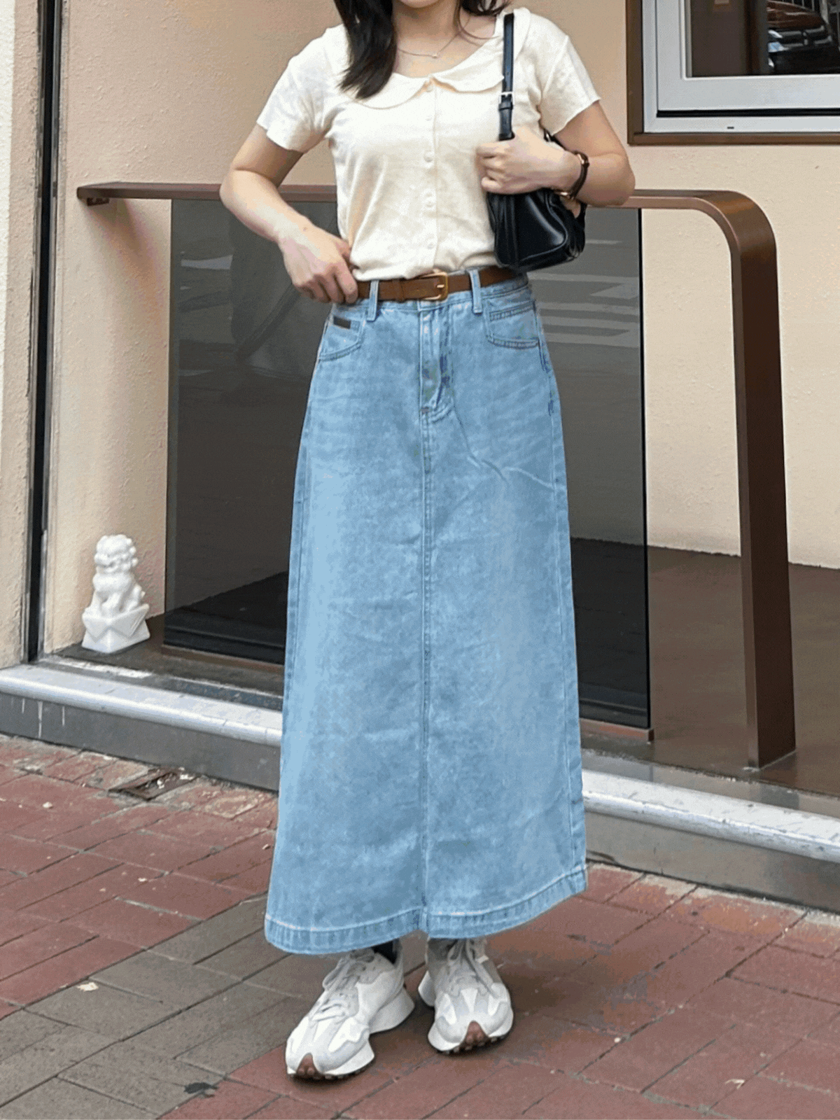《KR》筆直！淺色系薄牛仔中長裙(連belt)