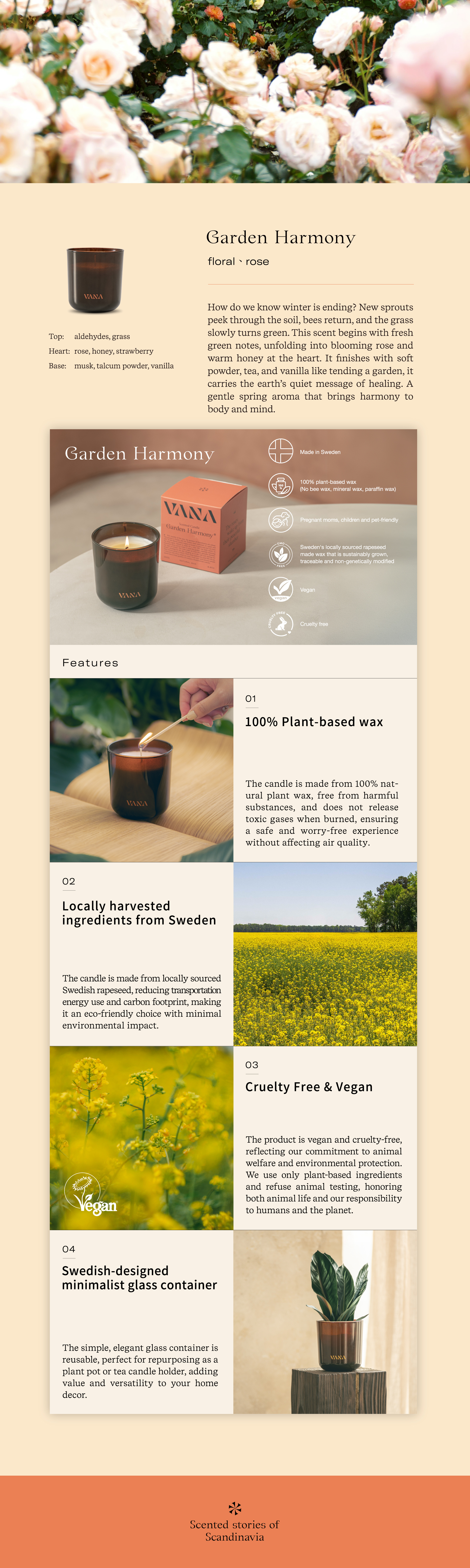 VANA Garden Harmony scented candle overview — floral rose fragrance, 100% plant-based wax, made in Sweden, vegan and cruelty-free