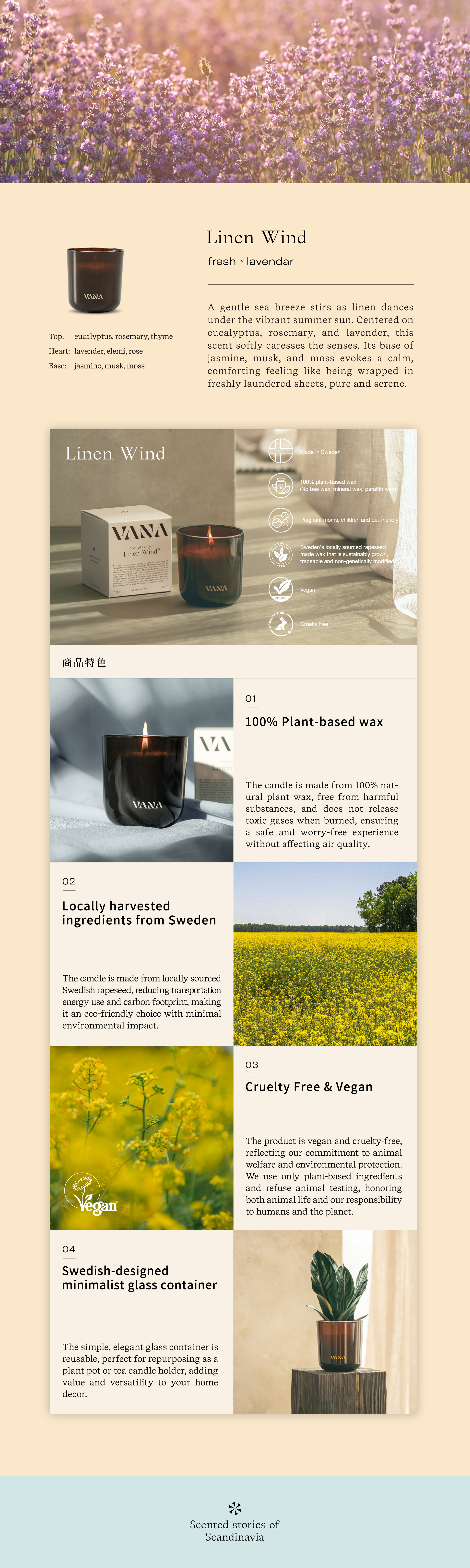 VANA Linen Wind scented candle overview — fresh lavendar fragrance, 100% plant-based wax, made in Sweden, vegan and cruelty-free