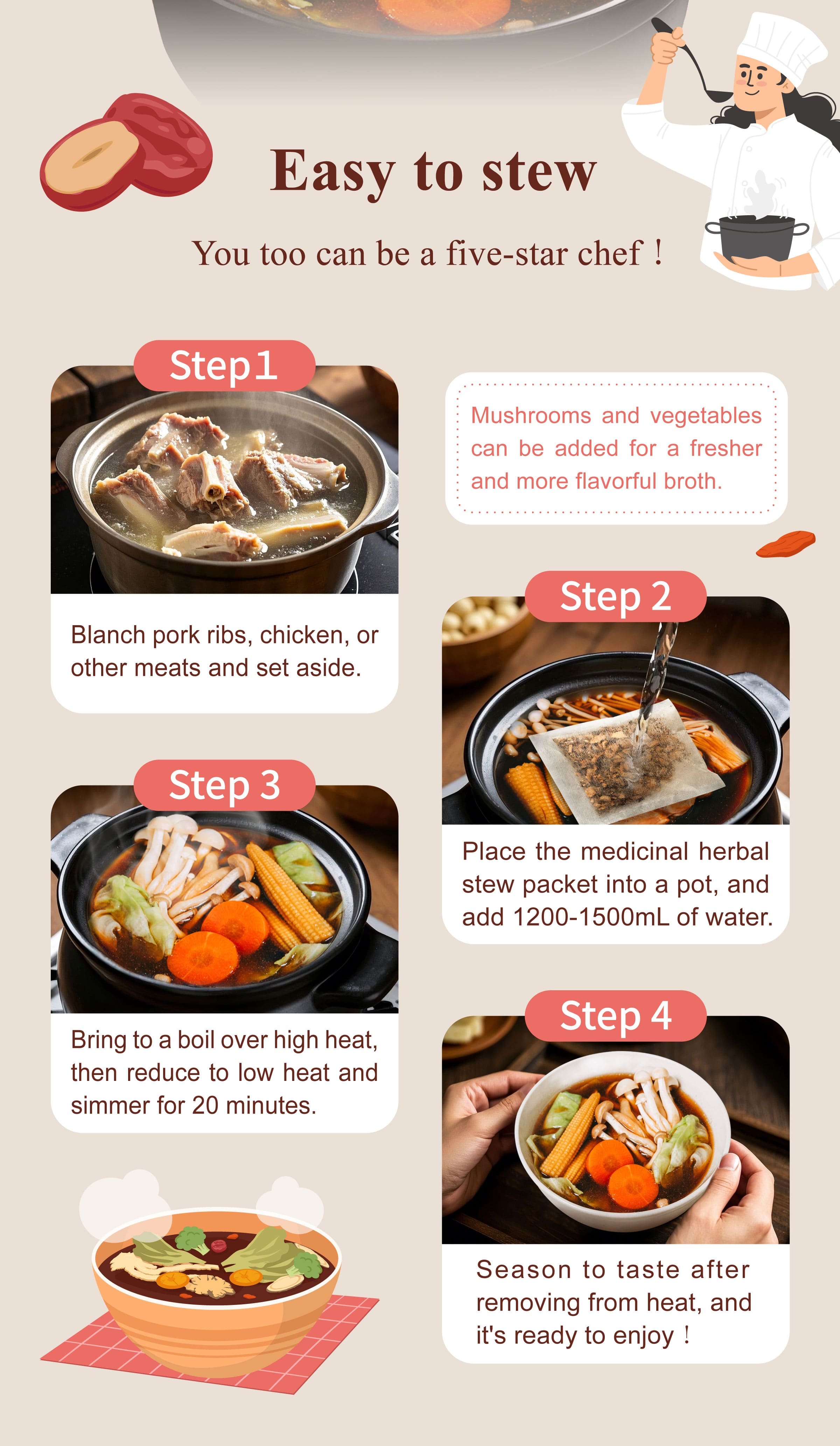 Dengyi Vegetarian Herbal Soup Kit Stewing method