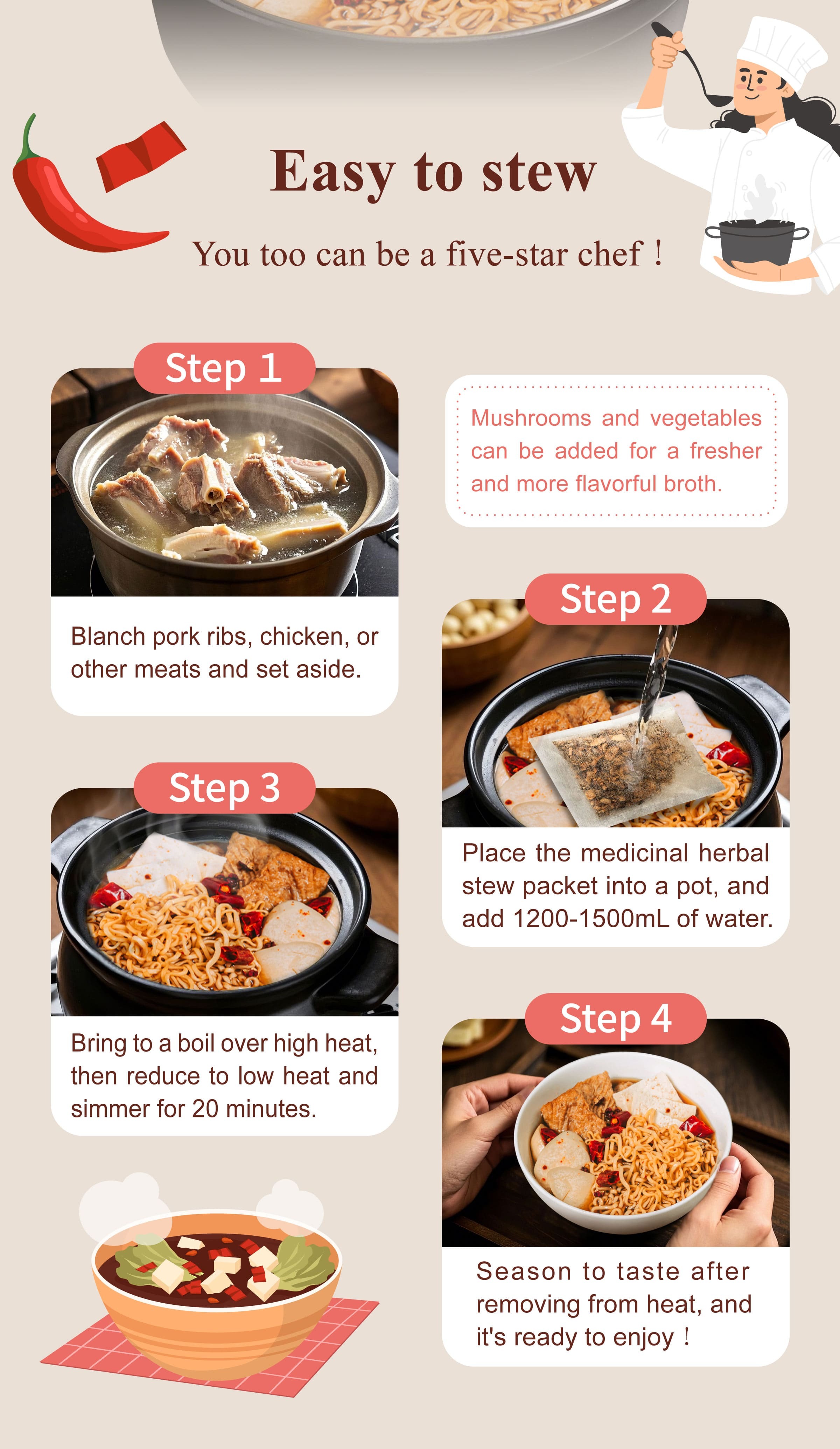 Dengyi Hot & Spicy Herbal Soup Kit Stewing method