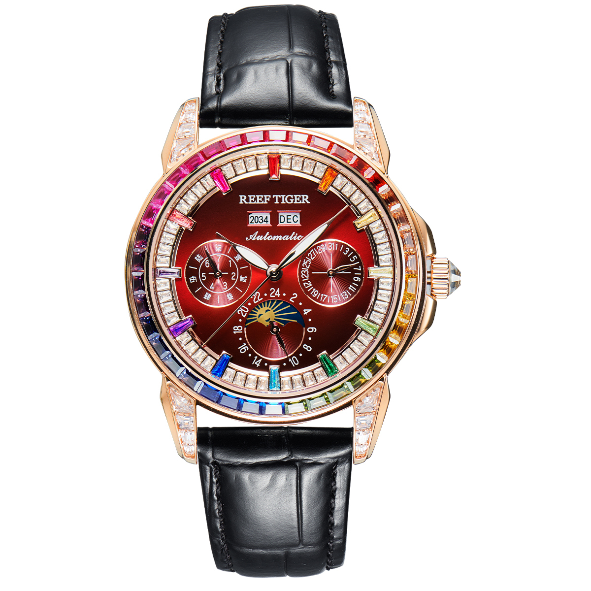 【Reef Tiger 瑞夫泰格】藝術家系列-天文台 RGA1988 真三眼 年月顯示 日月星辰 夜光 機械 手錶