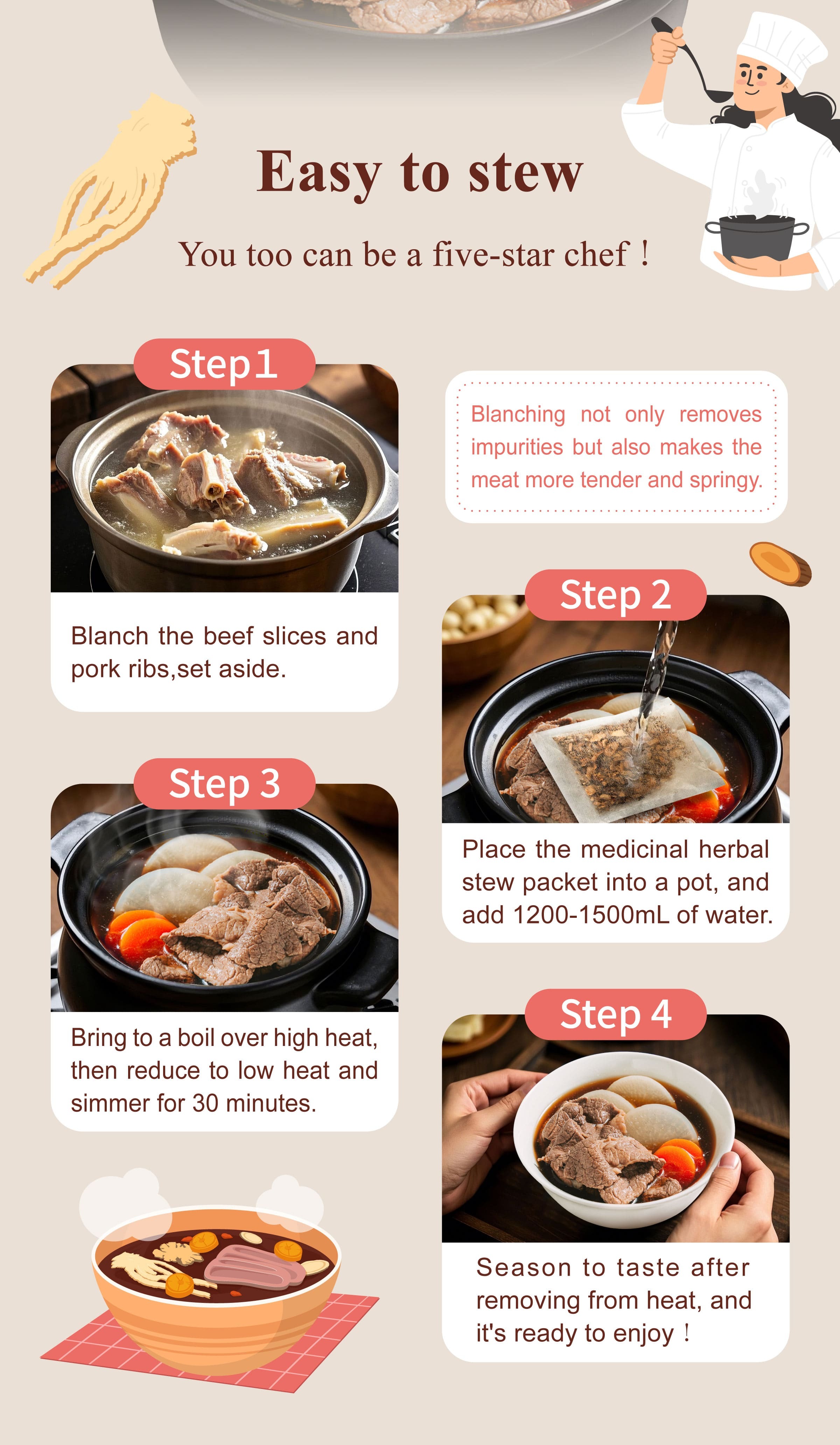 Dengyi Beef Braising Herbal Soup Kit Stewing method