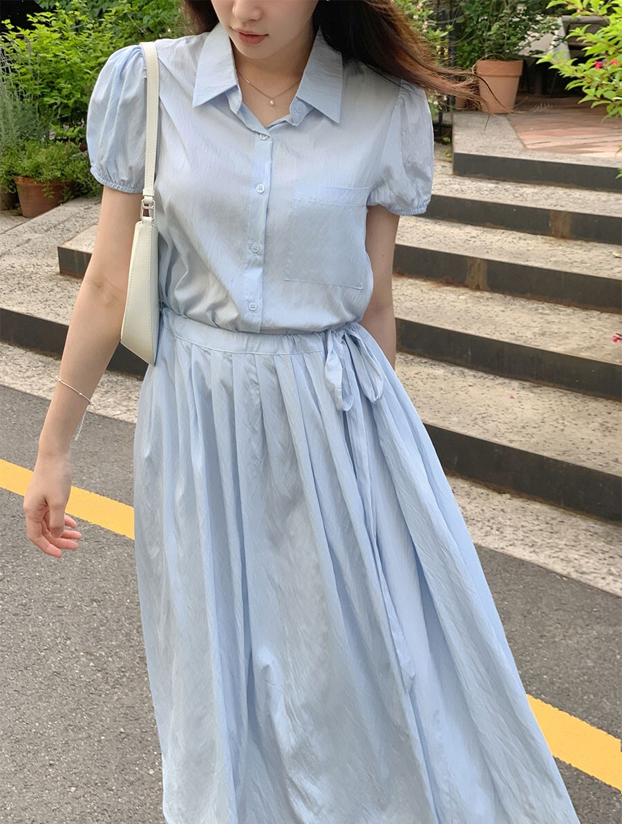 韓國Cherrykoko授權 夏日純情棉紡腰側綁帶翻領洋裝