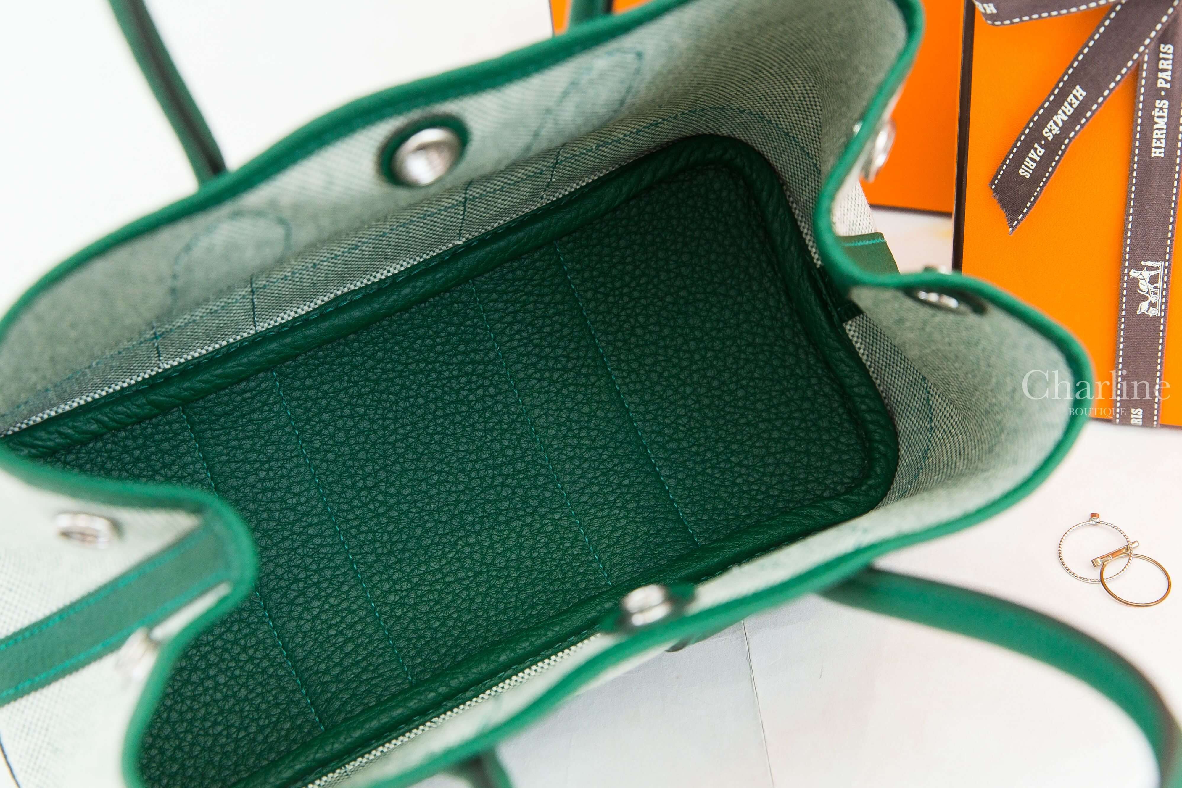 Hermès Neo Garden Party 23cm Viking Canvas / Negonda Calfskin 淡褐色帆布拼寶石綠迷你皮革手提包-Charline Boutique 精品代購