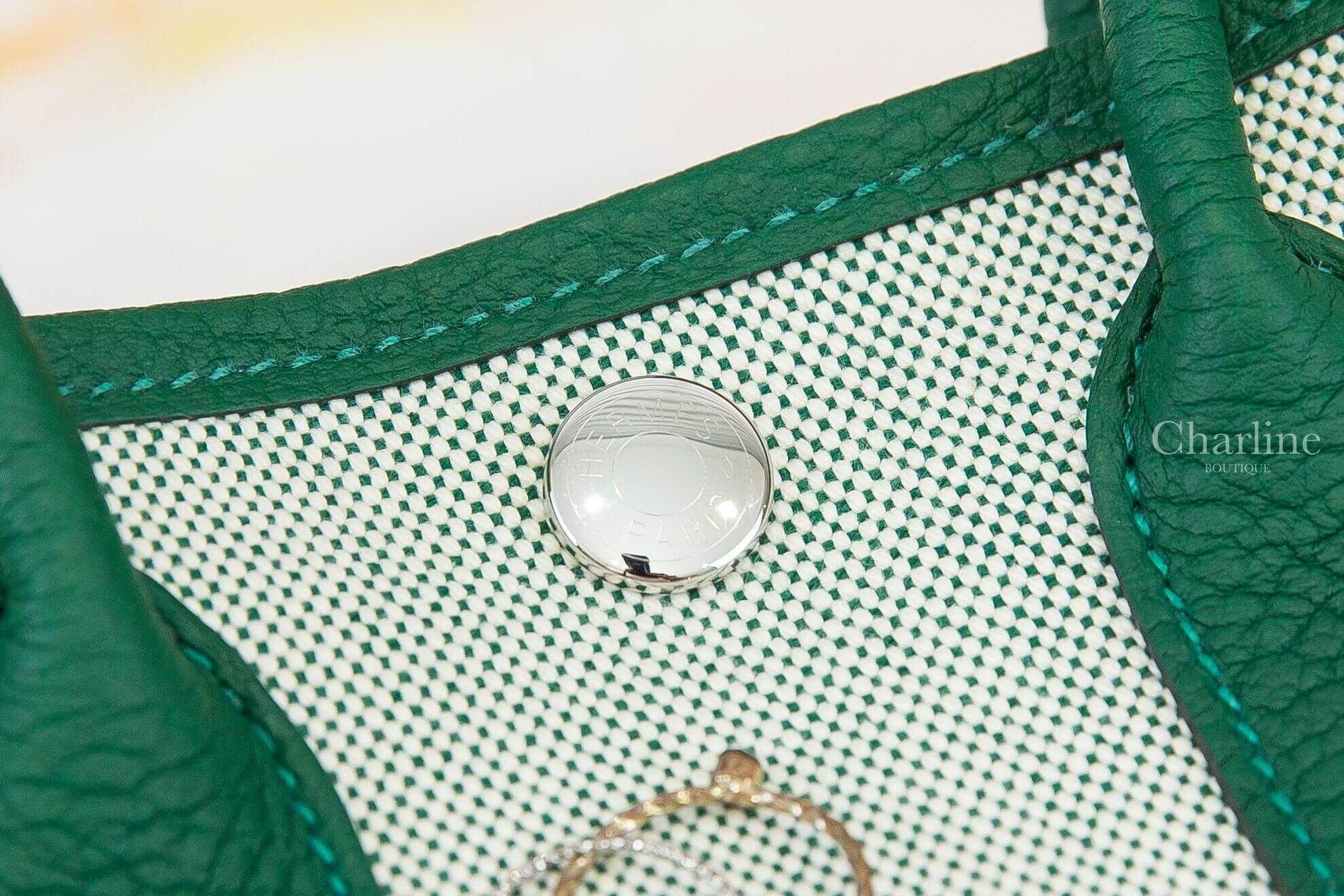 Hermès Neo Garden Party 23cm Viking Canvas / Negonda Calfskin 淡褐色帆布拼寶石綠迷你皮革手提包