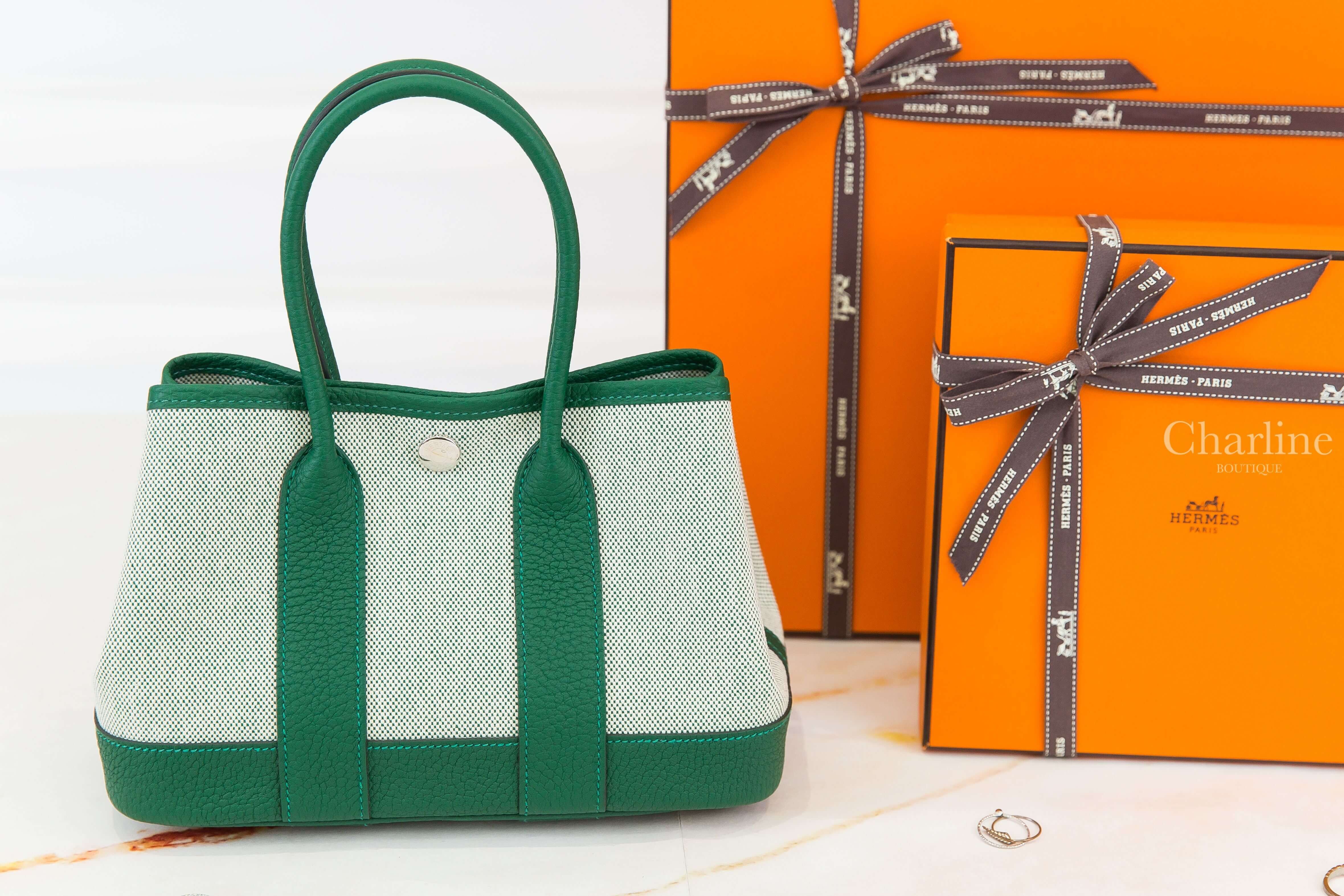 Hermès Neo Garden Party 23cm Viking Canvas / Negonda Calfskin 淡褐色帆布拼寶石綠迷你皮革手提包