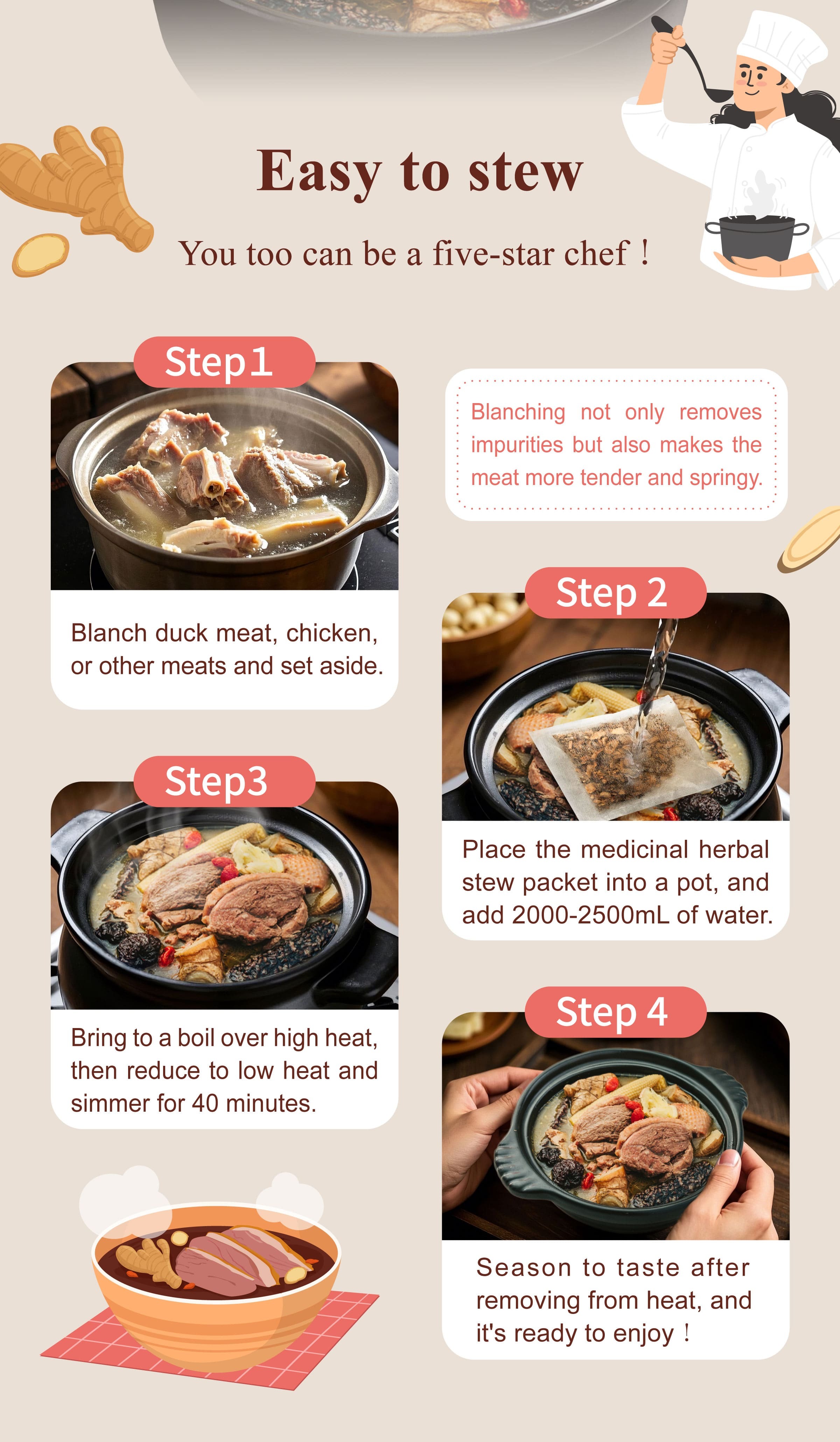 Dengyi Ginger Duck Soup Kit Stewing method