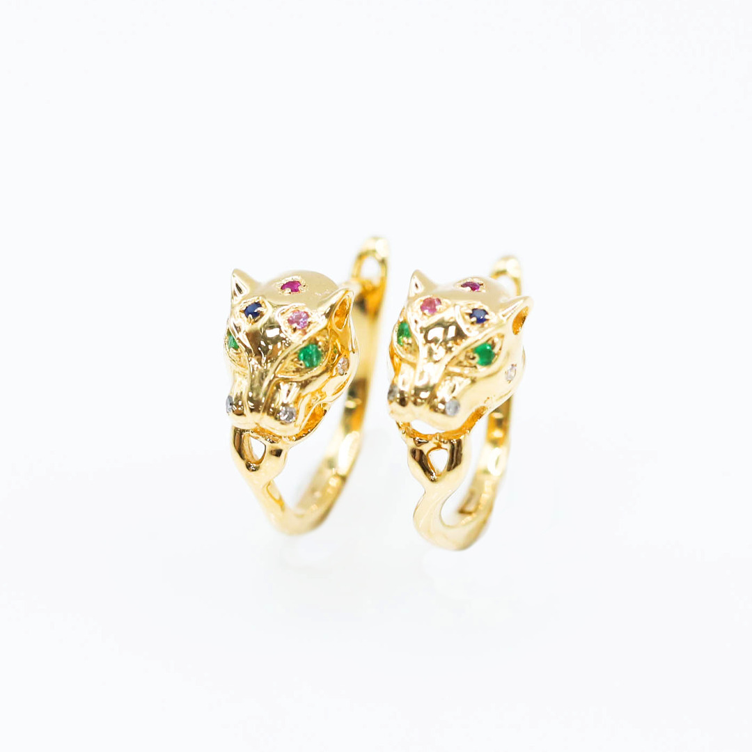 彩寶鑽石豹耳環/18k