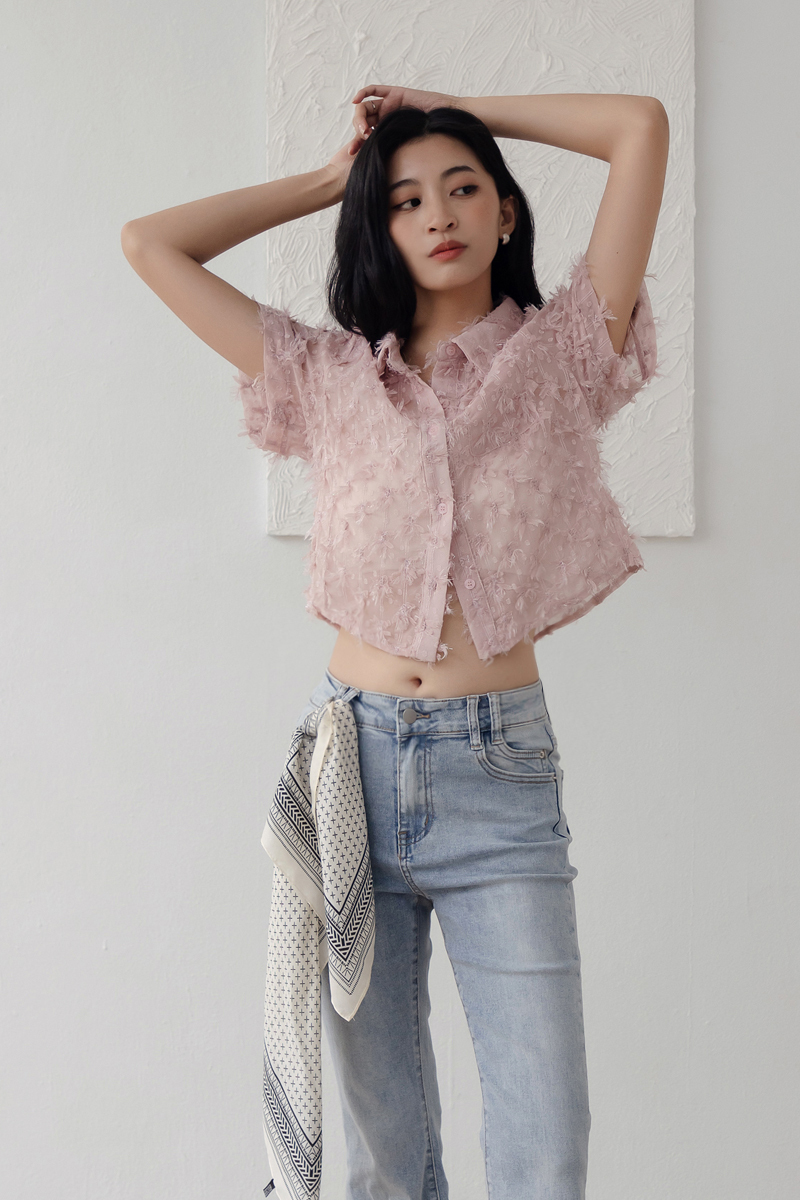 立體羽花短版襯衫