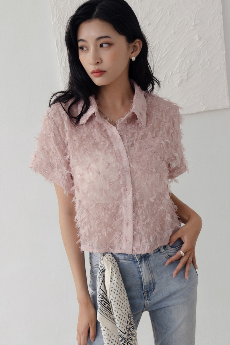 立體羽花短版襯衫