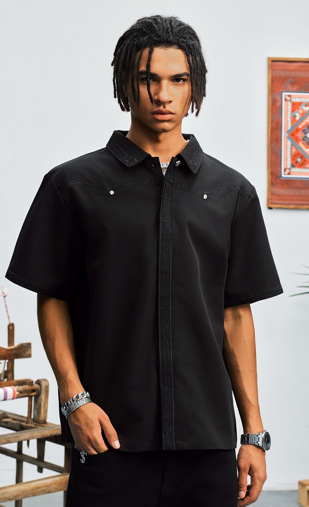 STK SmallTownKid 民族風 暗線刺繡 短袖襯衫